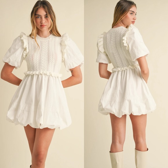 Mable Dresses & Skirts - MABLE • NWT Ariana Sweater Bubble Skirt Mini Dress White Cable Knit Sz Medium